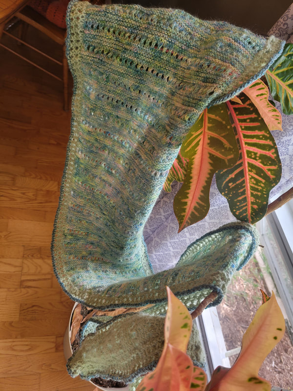A green knitted scarf draped over a large croton plant